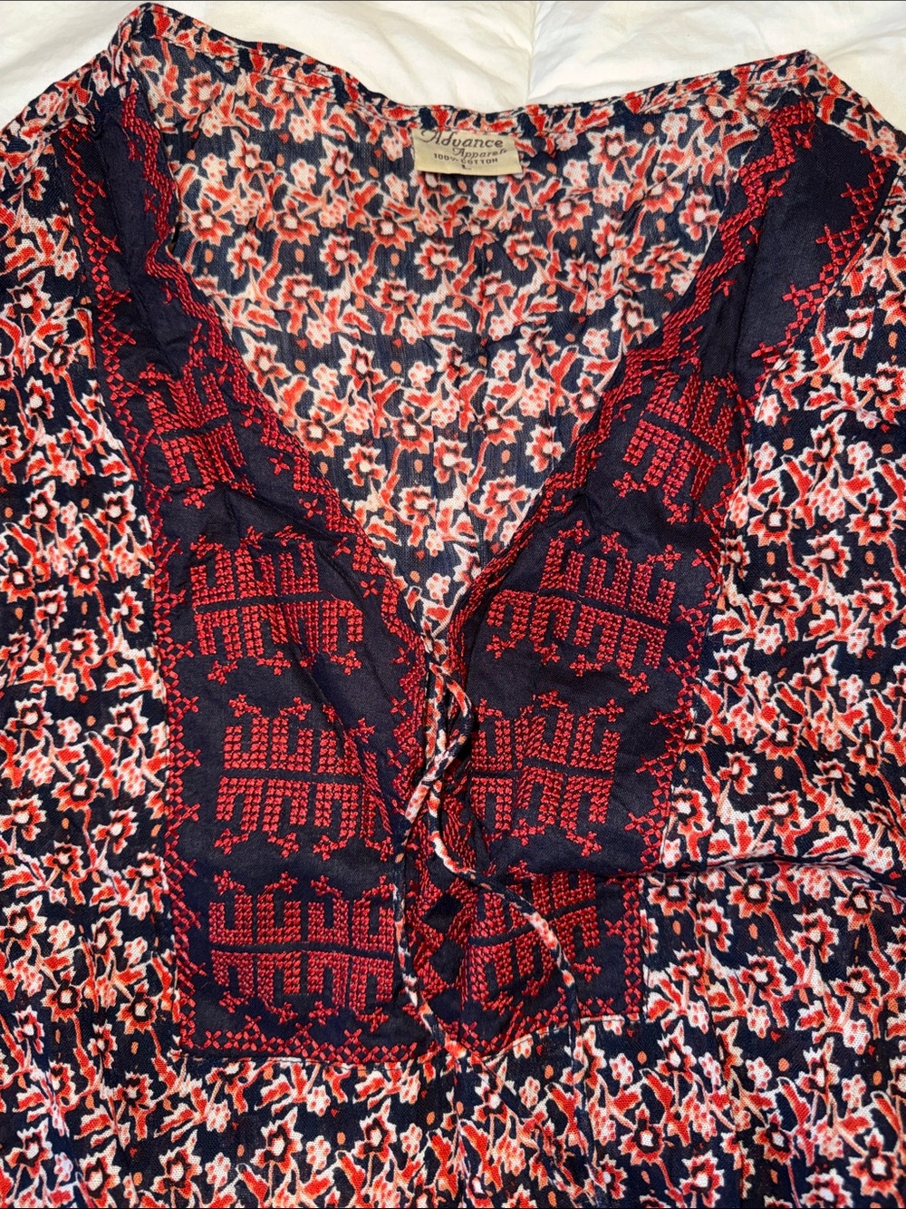 Navy & Red Floral Embroidered V-Neck Women’s Tunic